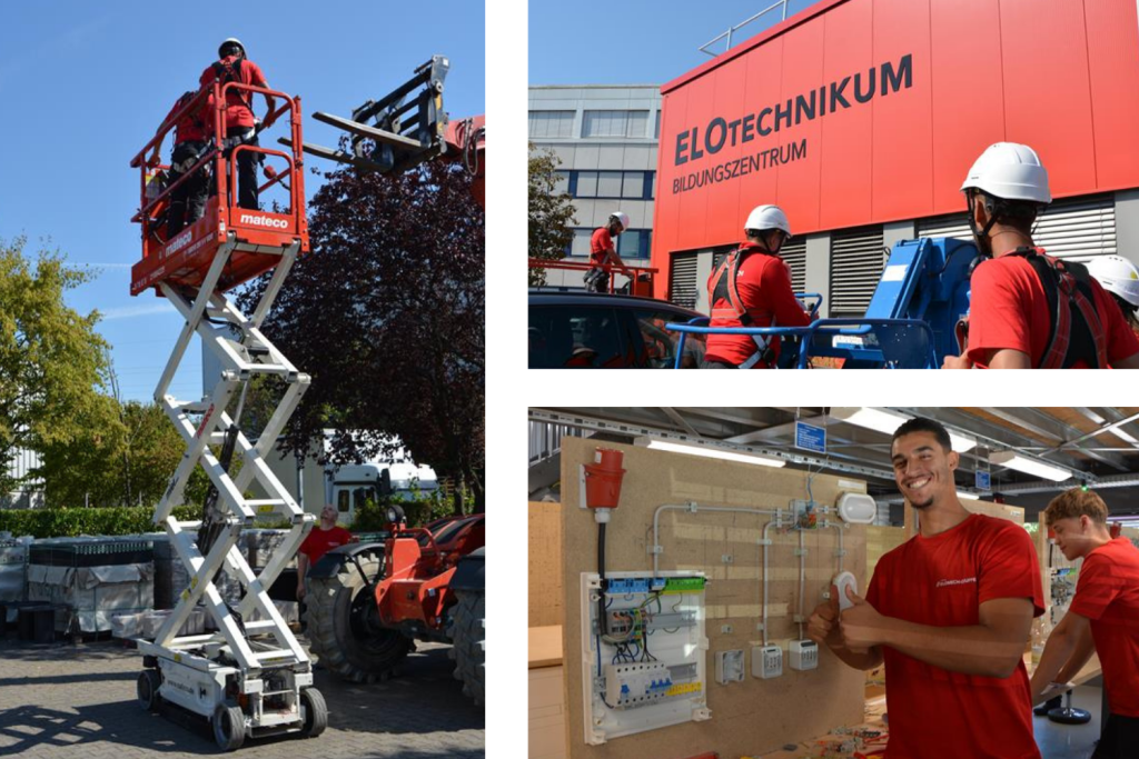 Auszubildende der ELOMECH-Gruppe während der Werkstatttage im ELOTECHNIKUM Bildungszentrum. Praktische Übungen mit Arbeitsbühnen sowie elektrotechnische Ausbildungsinhalte zum Start der Ausbildung 2026.