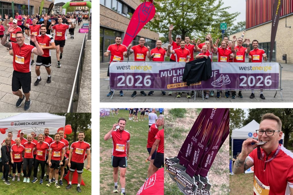 Bildcollage vom Mülheimer Firmenlauf 2026 mit Teilnehmenden der ELOMECH-Gruppe in roten Teamshirts auf der Laufstrecke, beim Teamfoto, am Unternehmensstand und mit Finisher-Medaillen nach dem Zieleinlauf.